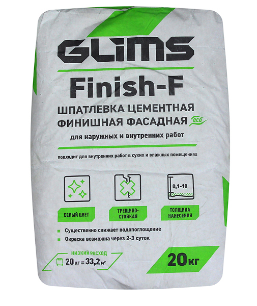 Купить Шпаклевка цементная белая GLIMS-Finish-F для фасадных работ, 20 кг оптом в Москве от производителя