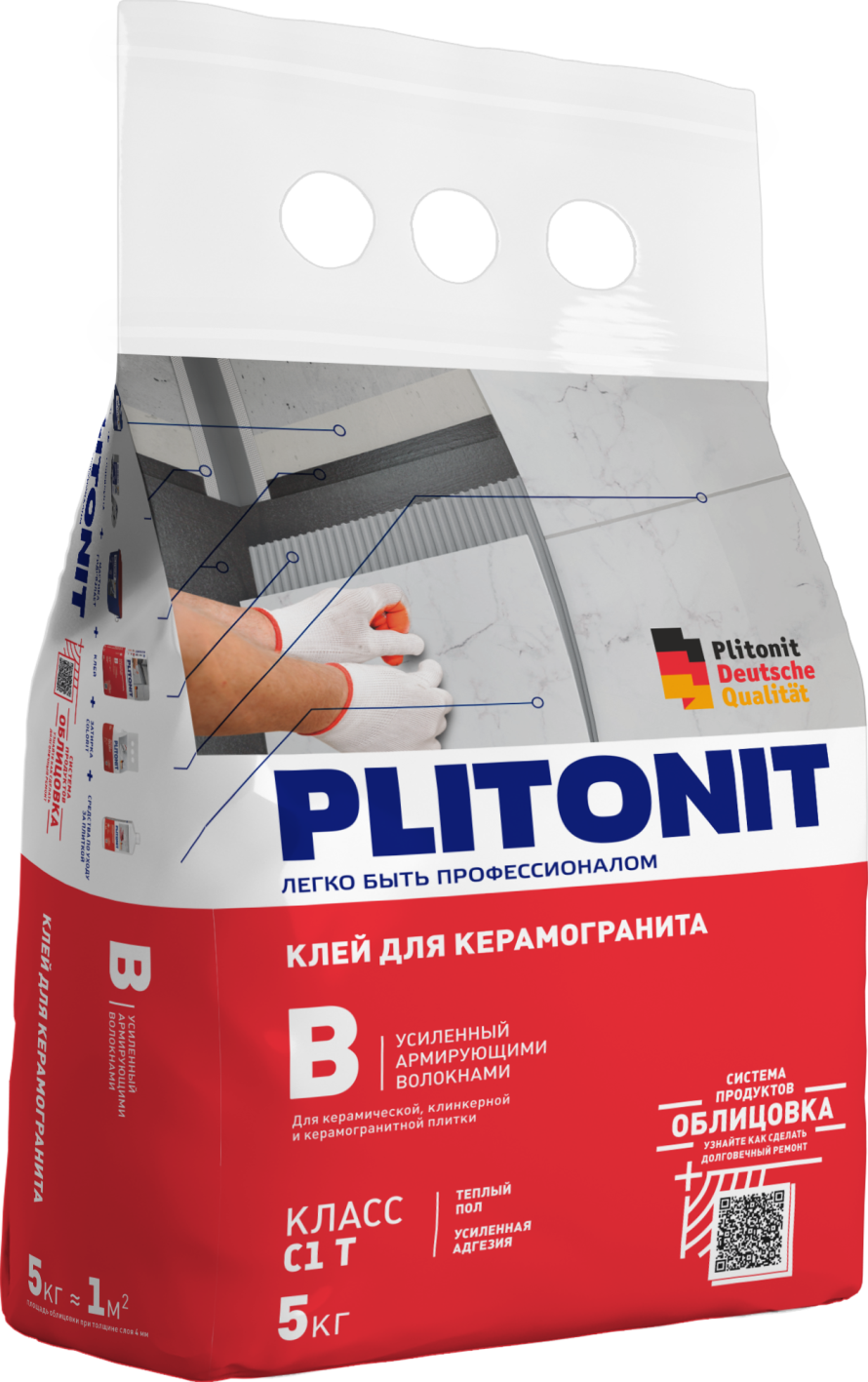 Купить PLITONIT В усиленный армирующими волокнами для керамогранитной и керамической плитки, класс С1Т 5 кг  (168шт/подд.) оптом в Москве от производителя