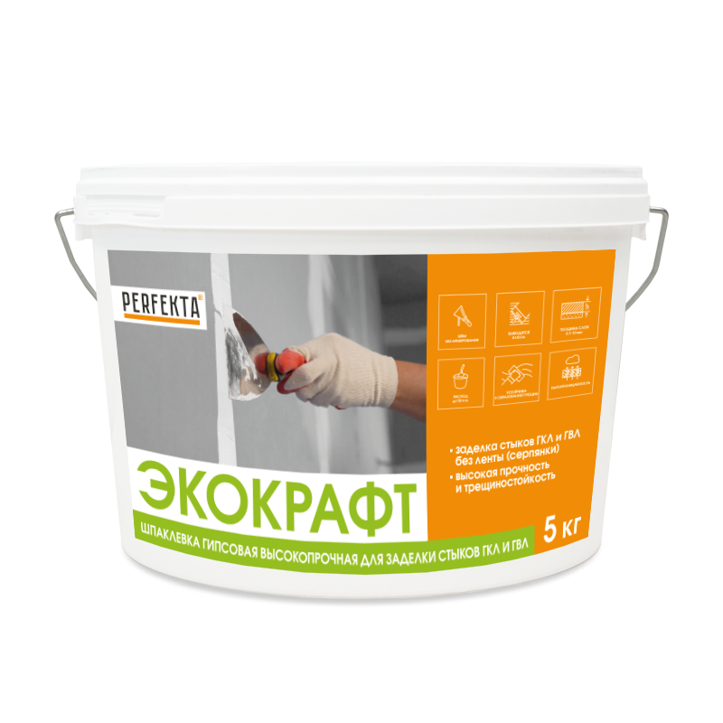 Купить Перфекта «ЭкоКрафт» Шпаклевка Гипсовая высокопрочная для заделки стыков ГКЛ и ГВЛ, 5 кг оптом в Москве от производителя